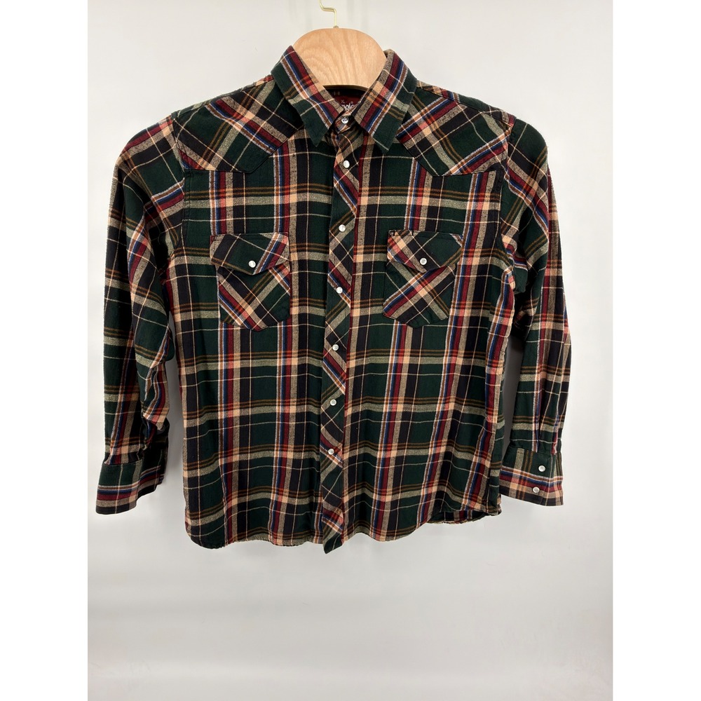 Wrangler Western Shirts Men XL Green Plaid Pearl Snap Long Sleeve Flannel Cotton